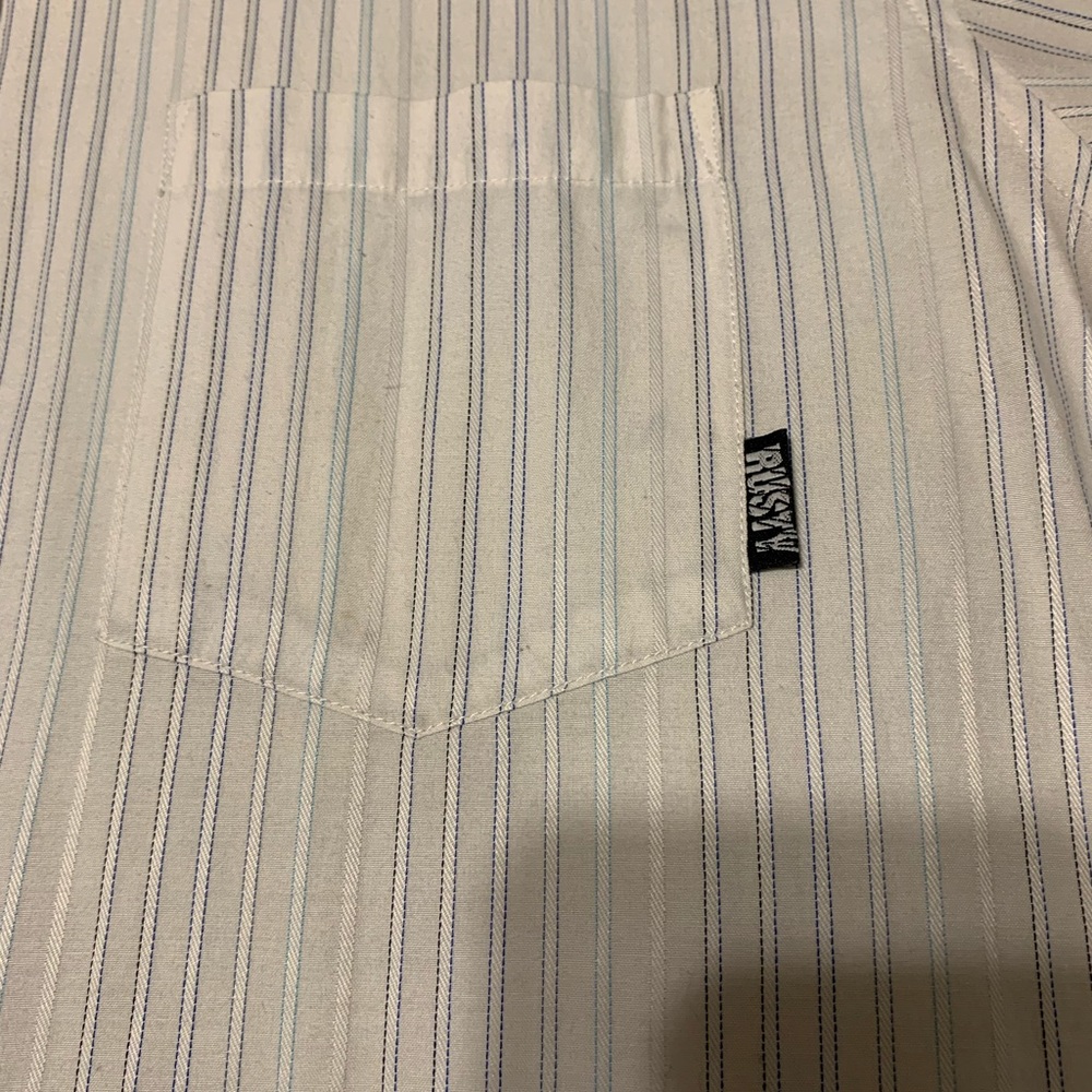 casual button down shirt, white striped. skate/surf brand